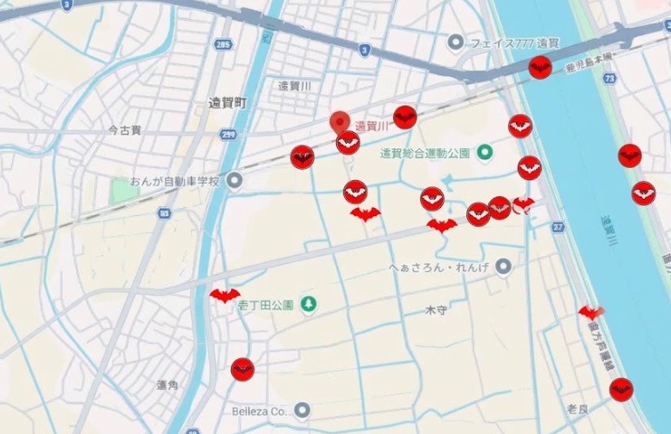 遠賀川駅周辺のコウモリ出没箇所