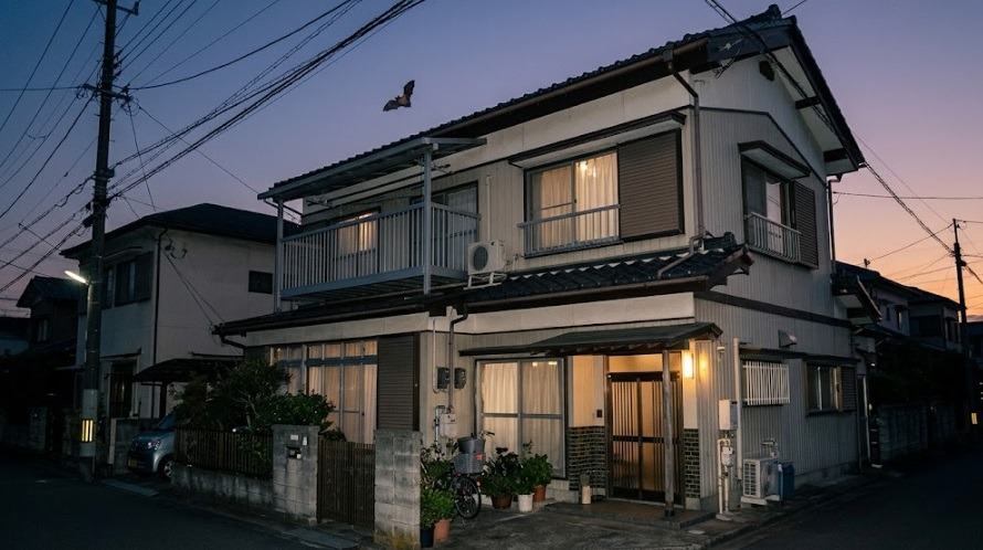 夕暮れ時の日本の住宅の屋根裏付近を飛ぶコウモリのシルエット
