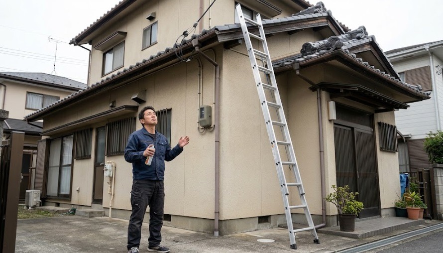 スプレー缶を持ち、高い屋根裏を見上げて困惑する日本人男性とハシゴ