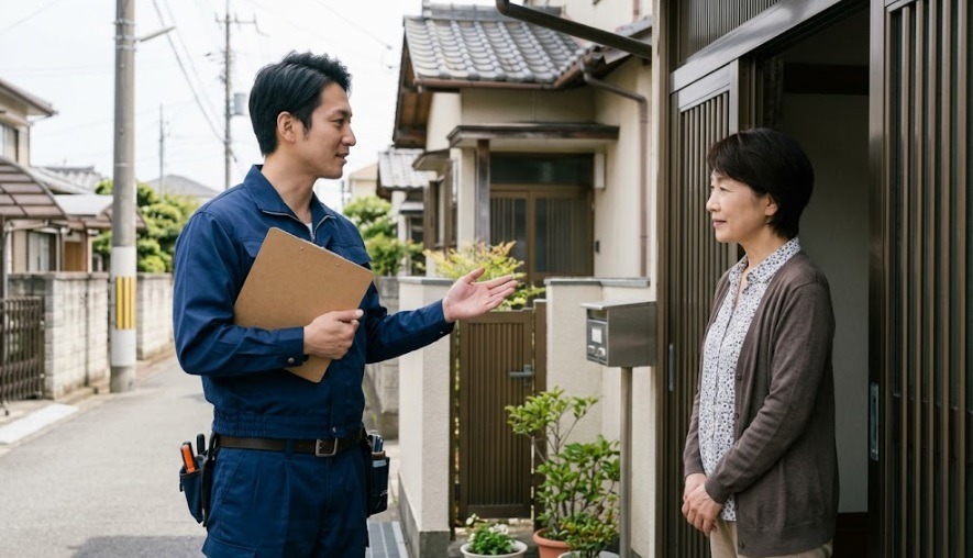 住宅の前でバインダーを持ち、依頼者に丁寧に駆除費用の説明をする作業着姿の専門業者
