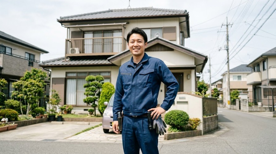日本の住宅の前で笑顔で立つ、清潔感のある信頼できる害獣駆除の専門スタッフ