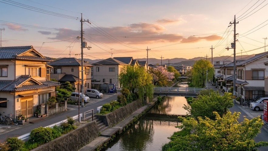折尾駅周辺のような川と緑が隣接する閑静な住宅街の夕暮れ時の風景