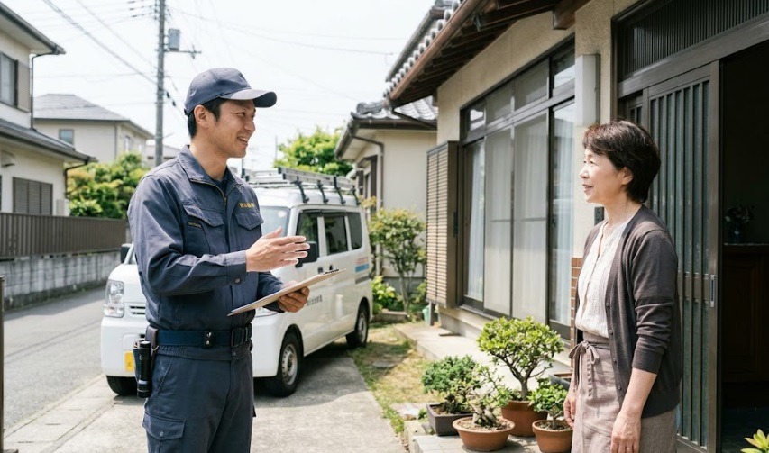 住宅の前で家主に笑顔で丁寧に駆除の状況を説明する信頼できる害獣駆除業者のスタッフ
