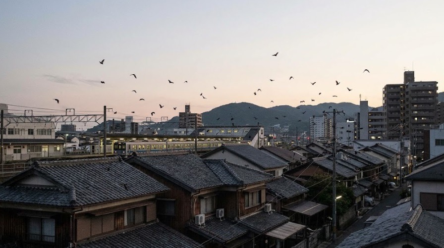 下関駅周辺の古い住宅街の屋根付近を飛び回る小さなコウモリの群れ