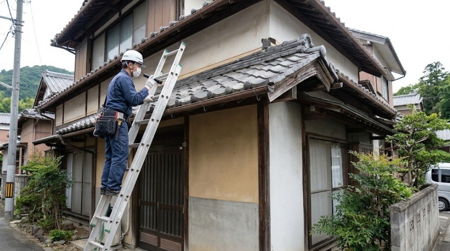下関市の住宅街にある古い日本家屋の瓦や軒下の隙間を、梯子を使って入念に点検しているコウモリ駆除作業員