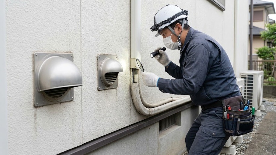 住宅の外壁にある換気口やエアコン配管などのわずかな隙間を、ライトで照らしながら詳しく調査するコウモリ対策専門スタッフ