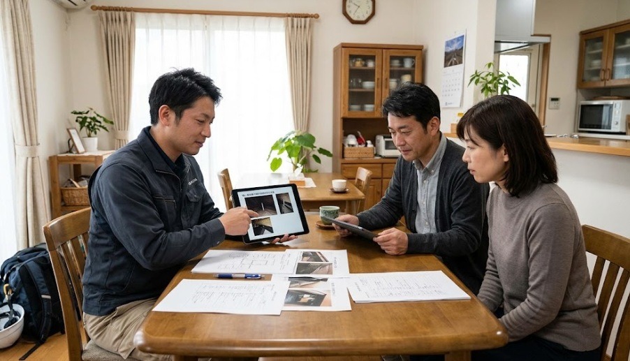 下関市のご自宅にて、調査結果の画像や書類を使いながらコウモリ駆除の計画を親身に説明する専門スタッフとご家族の相談風景
