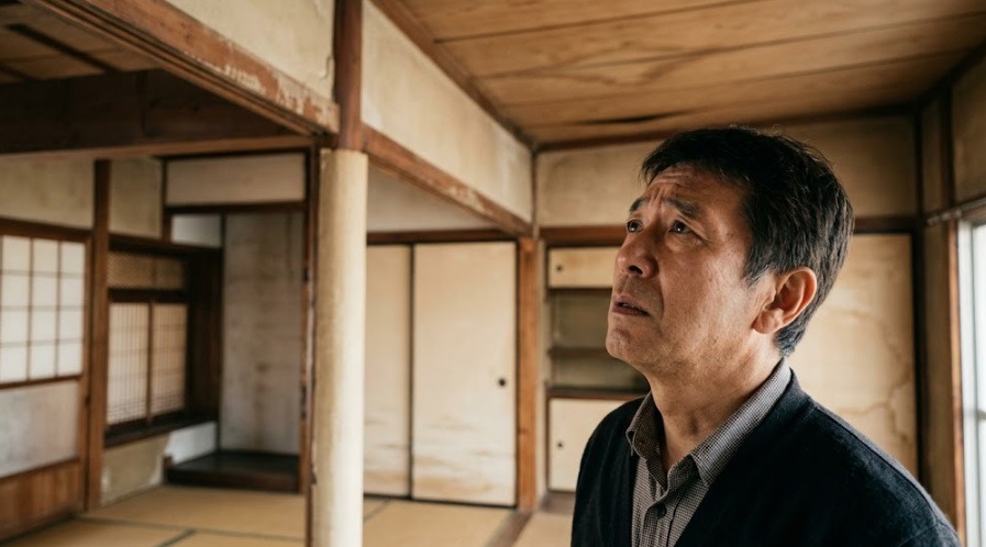 天井から聞こえるコウモリの音に不安を感じて見上げる日本人の住人