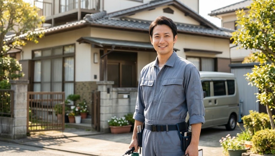 清潔な作業服を着て笑顔で対応する、安心と信頼の害獣駆除専門スタッフ