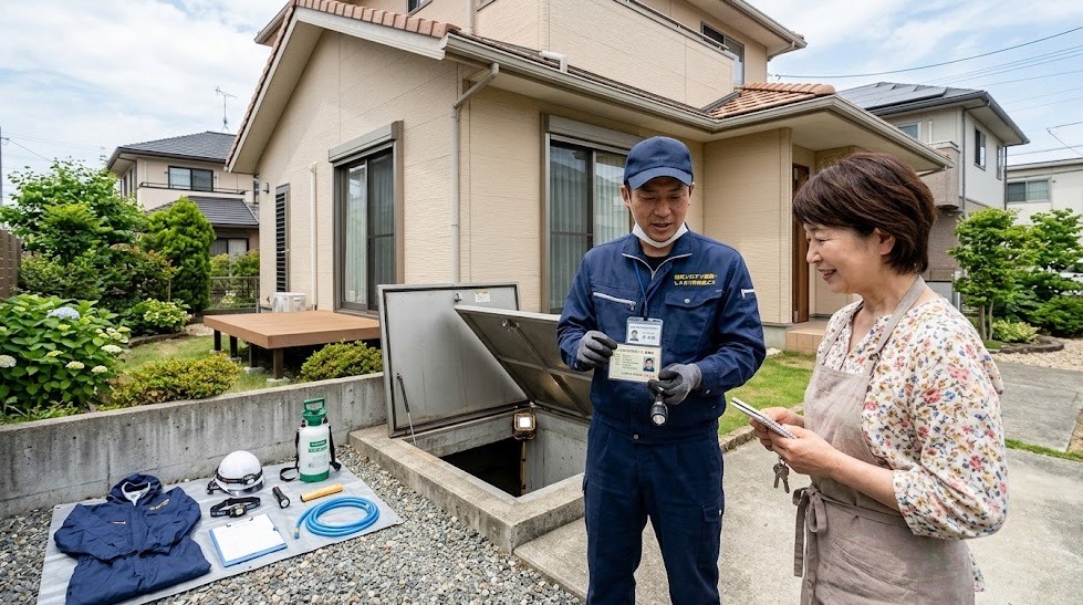 福岡市の住宅で、床下を点検しようとするシロアリ駆除業者と住人の様子。業者の信頼性を確認するシーン。