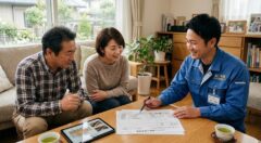 リビングで、シロアリ駆除の見積もり内容を丁寧に説明する業者と、熱心に聞く住人夫婦。適正価格と透明性を示す。
