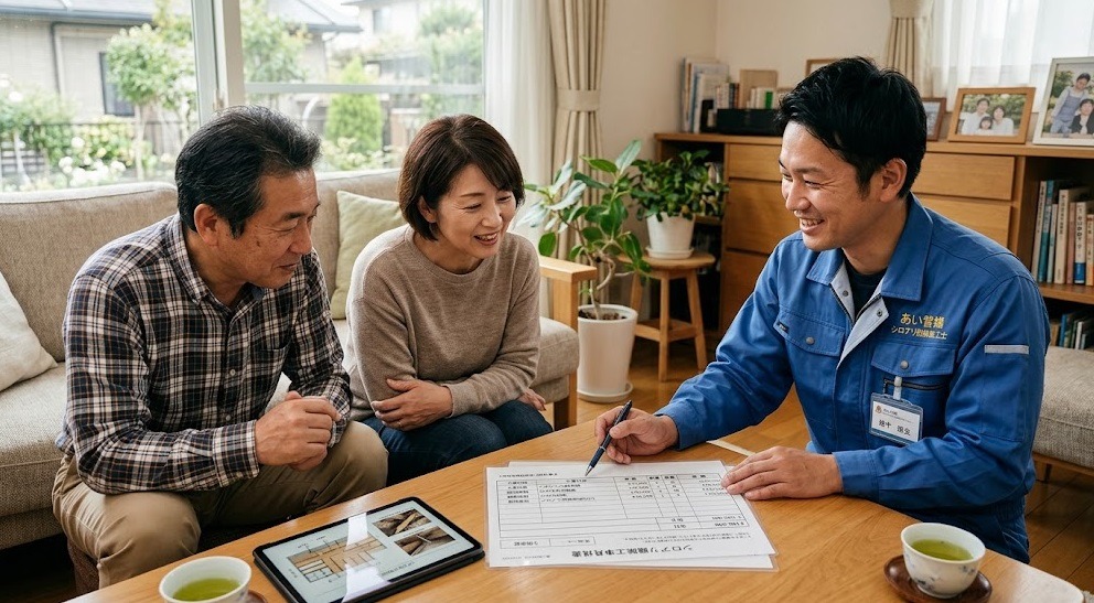リビングで、シロアリ駆除の見積もり内容を丁寧に説明する業者と、熱心に聞く住人夫婦。適正価格と透明性を示す。