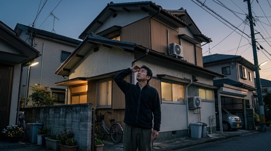 夕暮れ時に自宅の軒下を見上げてコウモリ被害に不安を抱える日本の住人