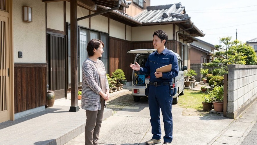 住宅の前で住人に笑顔で丁寧に説明をしている清潔感のあるプロの駆除業者