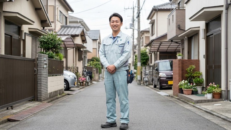 住宅街を背景に安心感を与える笑顔で立つ作業着姿の男性専門スタッフ