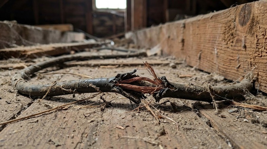 ネズミにかじられて導線がむき出しになり、火災の危険性が高まっている屋根裏の電気コード