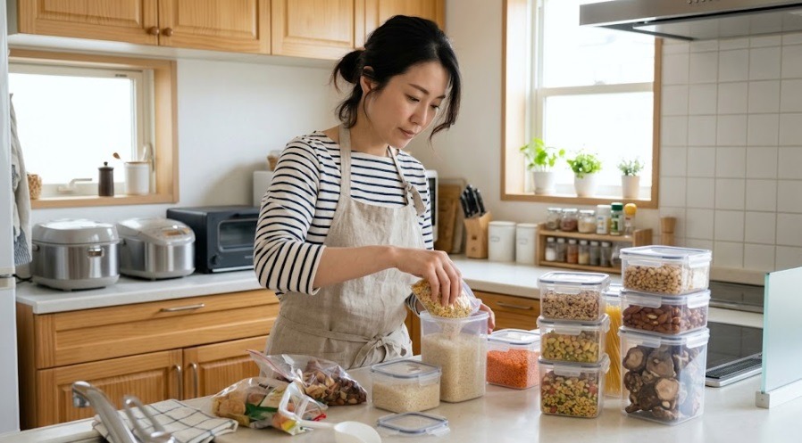 ネズミの被害を防ぐため、食料品を密閉できるプラスチック容器に収納する応急処置の様子