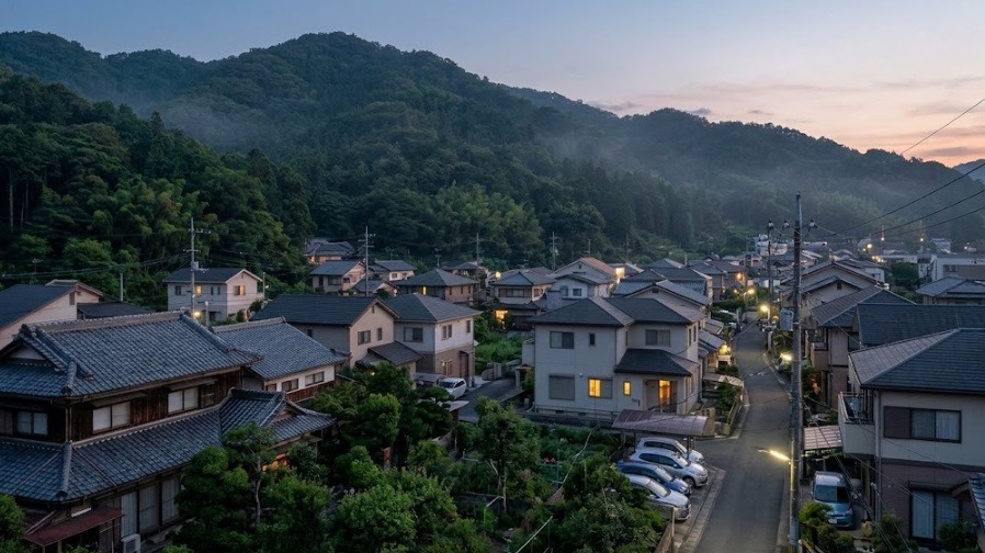 皿倉山麓に広がる自然豊かな八幡駅周辺の住宅街の風景