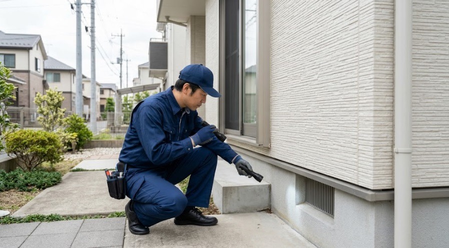 ライトを手に持ち住宅の外壁や軒下の隙間を点検する専門のコウモリ駆除業者