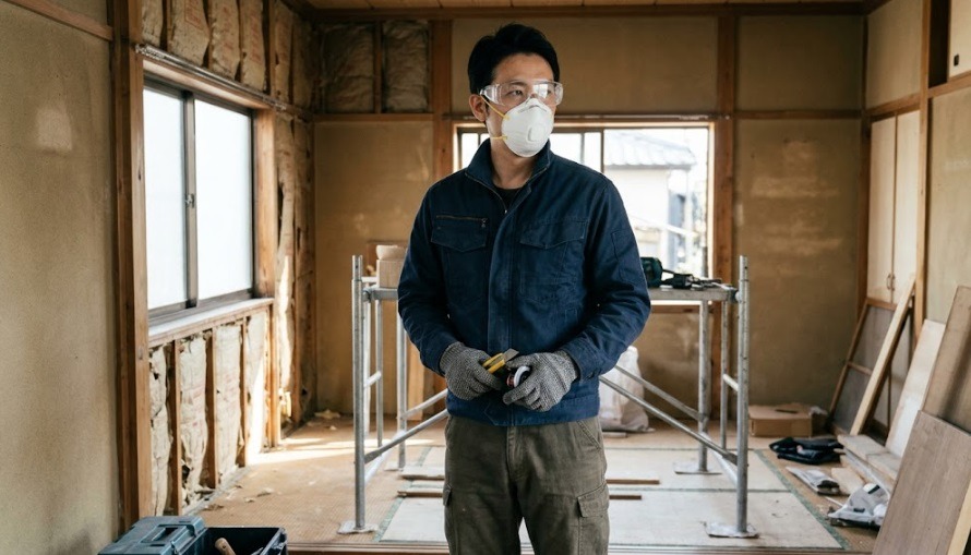 コウモリのフンによる感染症を防ぐため防塵マスクやゴーグル、厚手の作業着を着用し安全確保に努める人物